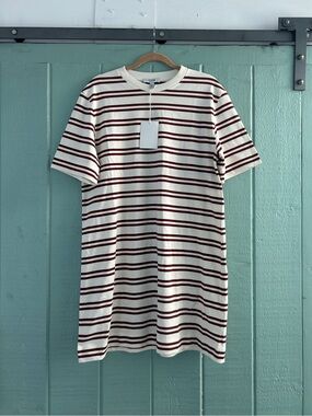 Nwt COS 100% Cotton Stripe Mini TShirt Dress Small Women 4 6 8 White Burgundy